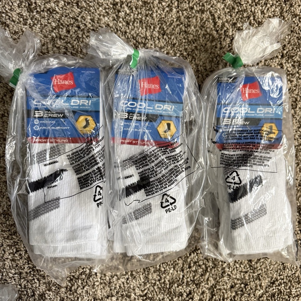 3 Pk Hanes Cool Dri Men's Crew Socks 3 Pair White Moisture Wicking Size 6-12